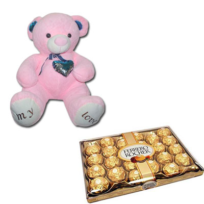 "Pink Teddy - BST- 9813 +  Ferrero Rocher 24 pieces - Click here to View more details about this Product
